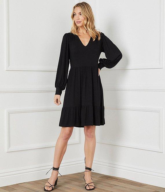 Karen Kane V-Neck Long Blouson Sleeve Tiered Ruffle A-Line Dress Product Image