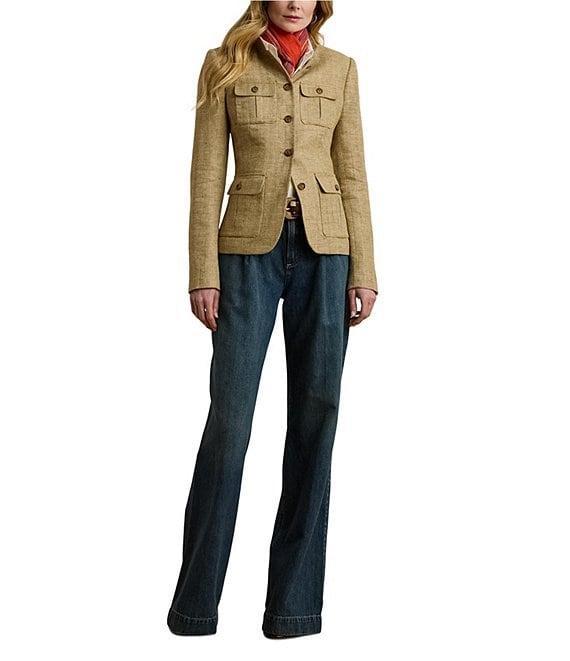 Lauren Ralph Lauren Petite Size Herringbone Linen Band Collar Long Sleeve Button Front Jacket Product Image