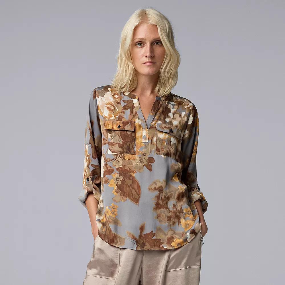 Women's Simply Vera Vera Wang Roll-Tab Popover Blouse, Size: XS, Grey Team Med Floral Product Image