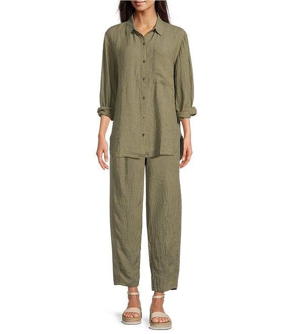 Eileen Fisher Puckered Organic Linen Yarn-Dyed Stripe Elastic Waist Pull-On Pants Product Image