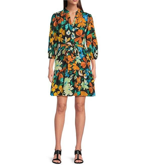 Jessica Howard Floral Print Split V-Neck 3/4 Sleeve Fit-And-Flare Dress Product Image