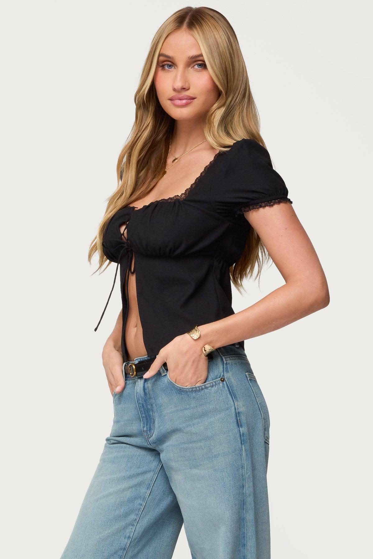 Lacey Split Front Lace Up Top Product Image