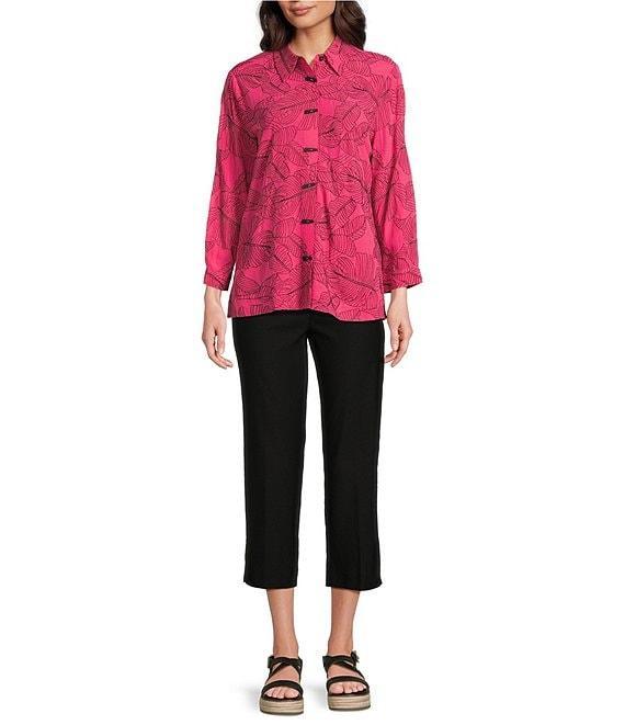 Ali Miles Petite Size Woven Allover Floral Embroidered Point Collar 3/4 Sleeve Button Front Tunic Product Image
