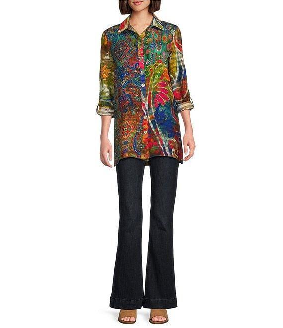 John Mark Paisley-Floral Printed Wire Collar 3/4 Sleeve Button-Front Tunic Product Image