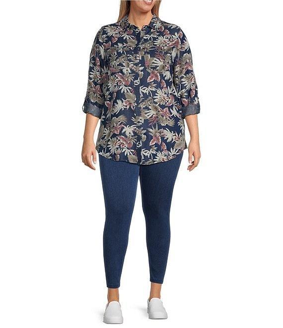 Intro Plus Size Lyocell Slub Dark Wash Pal Print Point Collar Long Roll-Tab Sleeve Shirt Product Image