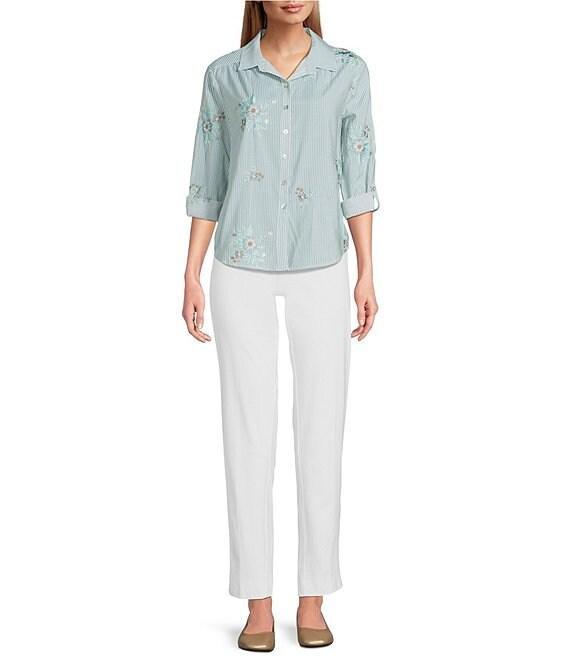 Multiples Petite Size Slub Crinkle Embroidered Stripe Point Collar Long Roll-Tab Sleeve Button Front Shirt Product Image