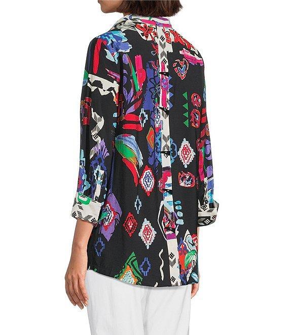 Ali Miles Abstract Printed Woven Wire Collar 3/4 Sleeve Button Front Tunic Product Image