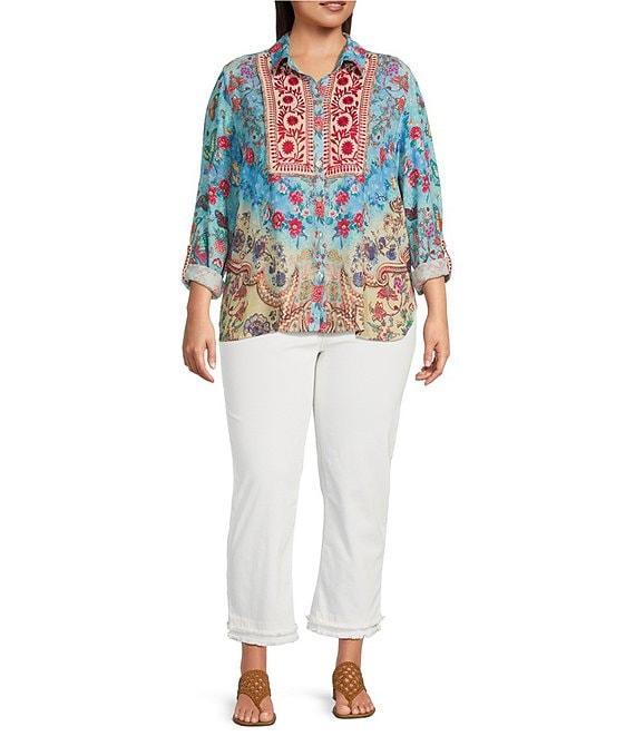 John Mark Plus Size Embroidered Multi Print Point Collar Long Roll-Tab Sleeve Button Front Top Product Image
