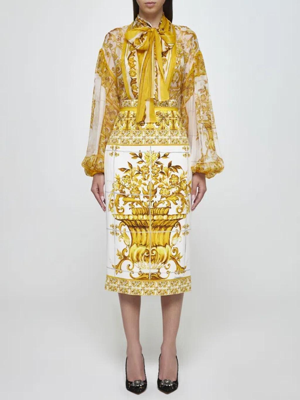 DOLCE & GABBANA Majolica-print Silk Blouse In Yellow Product Image