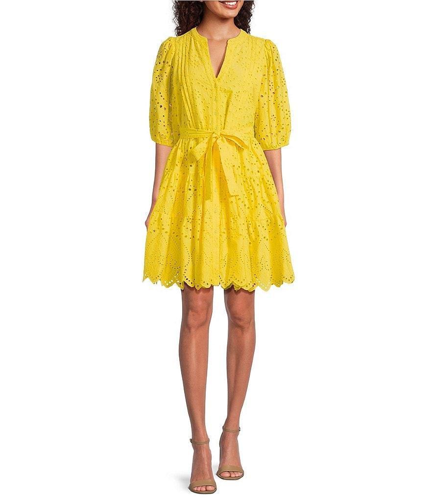 Gibson & Latimer Eyelet Split Round Neck Elbow Puff Sleeve Button Down Belted Scallop Hem Pocketed A-Line Dress Product Image