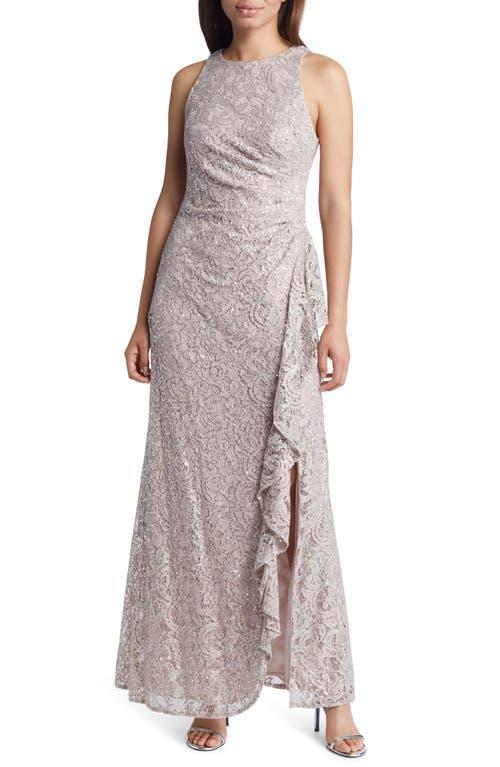 Alex Evenings Crew Neck Sleeveless Cascade Ruffle Thigh High Slit Sequin Lace Stretch Gown Product Image