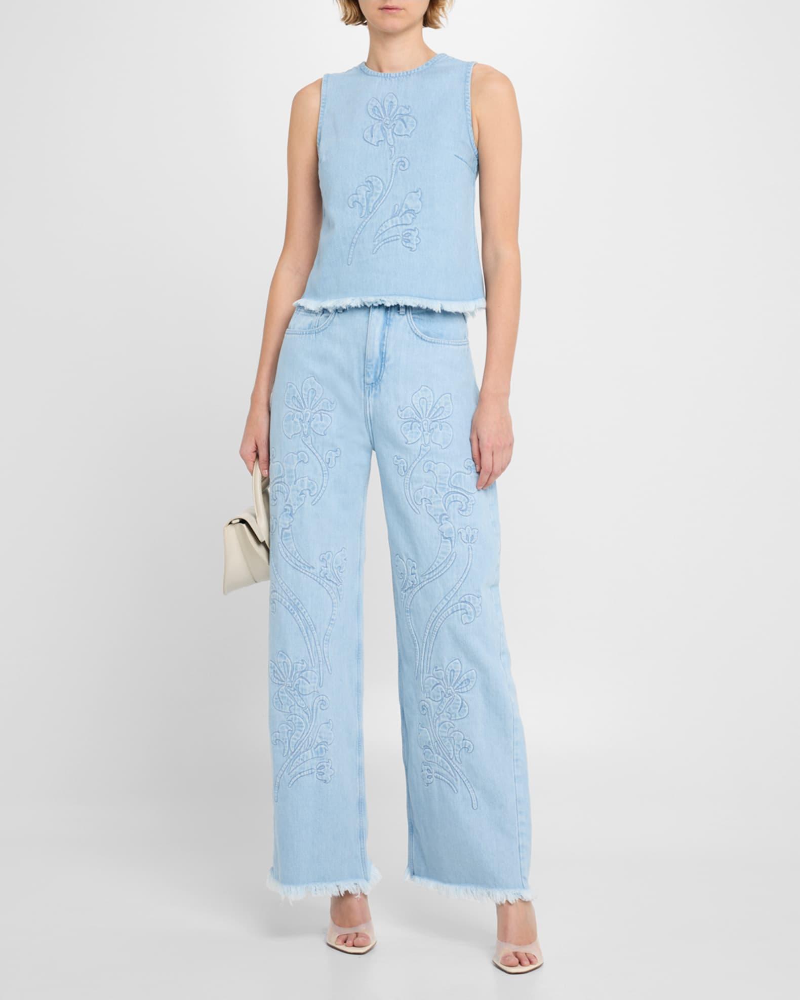Floral-Embroidered Denim Top Product Image