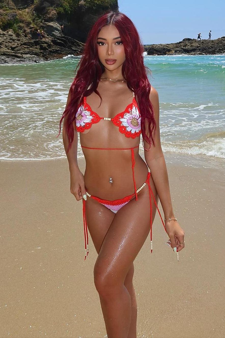 Kora Beaded Crochet 2 Piece Bikini Sunsuit - Red/combo Product Image