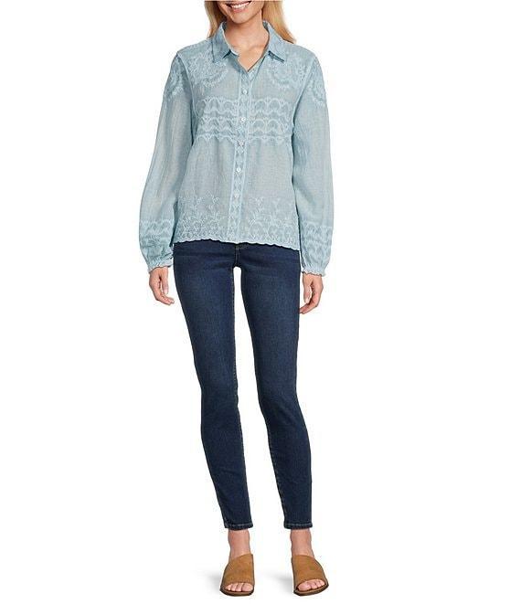 Reba Fancy Woven Point Collar Long Blouson Sleeve Scalloped Lace Button Front Top Product Image