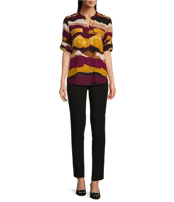 Calvin Klein Abstract Printed Split V Neckline Roll Tab Long Sleeve Blouse Product Image