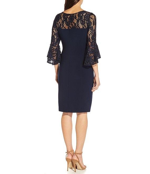 Adrianna Papell Sequin Lace 3/4 Bell Sleeve Round Illusion Neck Jersey Side Draped Sheath Dress Product Image