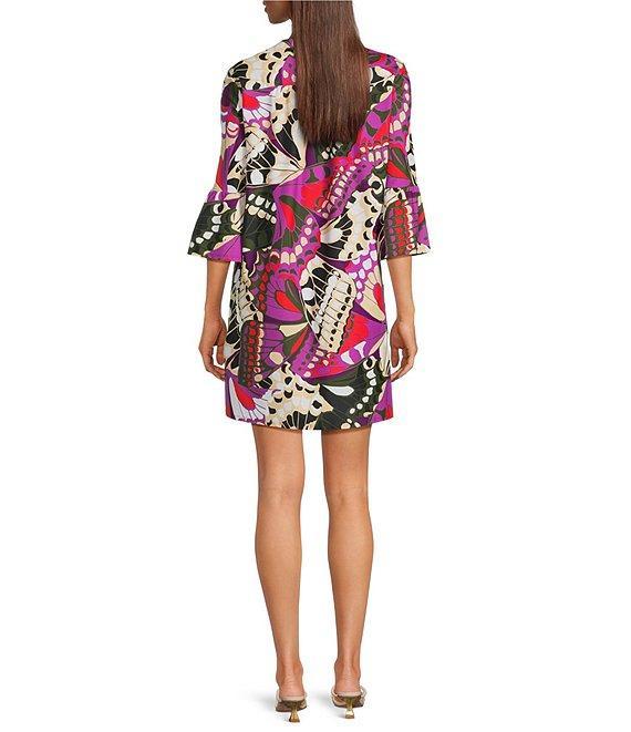 Jude Connally Kerry Butterfly Mosaic Print Split V-Neck 3/4 Bell Sleeve Knit Shift Dress Product Image