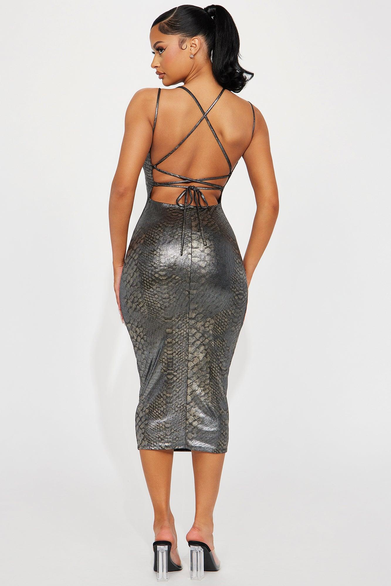 Snake Skin Tight Midi Dress - Black Product Image