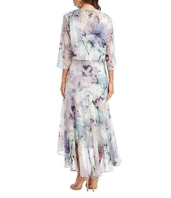 R & M Richards Watercolor Floral Printed Chiffon V-Neck Tiered Ruffle High-Low Hem 3/4 Sleeve 2-Piece Jacket Dress Product Image