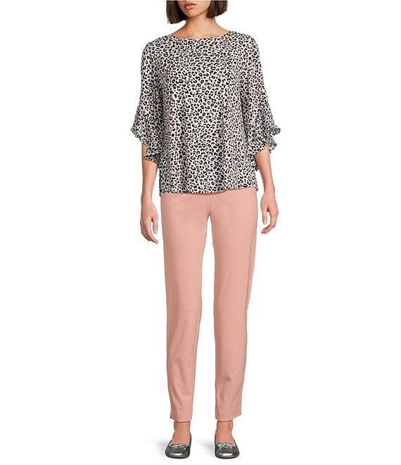 Multiples Slub Knit Georgette Animal Print Scoop Neck 3/4 Flounce Sleeve Fitted Top Product Image