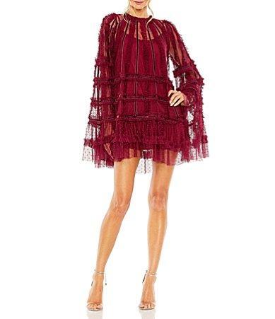 Mac Duggal Bell Sleeve High Neck Ruffled Trapeze Dress Product Image