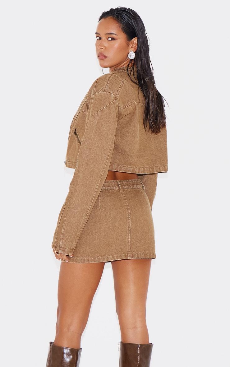 Brown Seam Detail Shoulder Padded Racer Cropped Denim Jacket Product Image