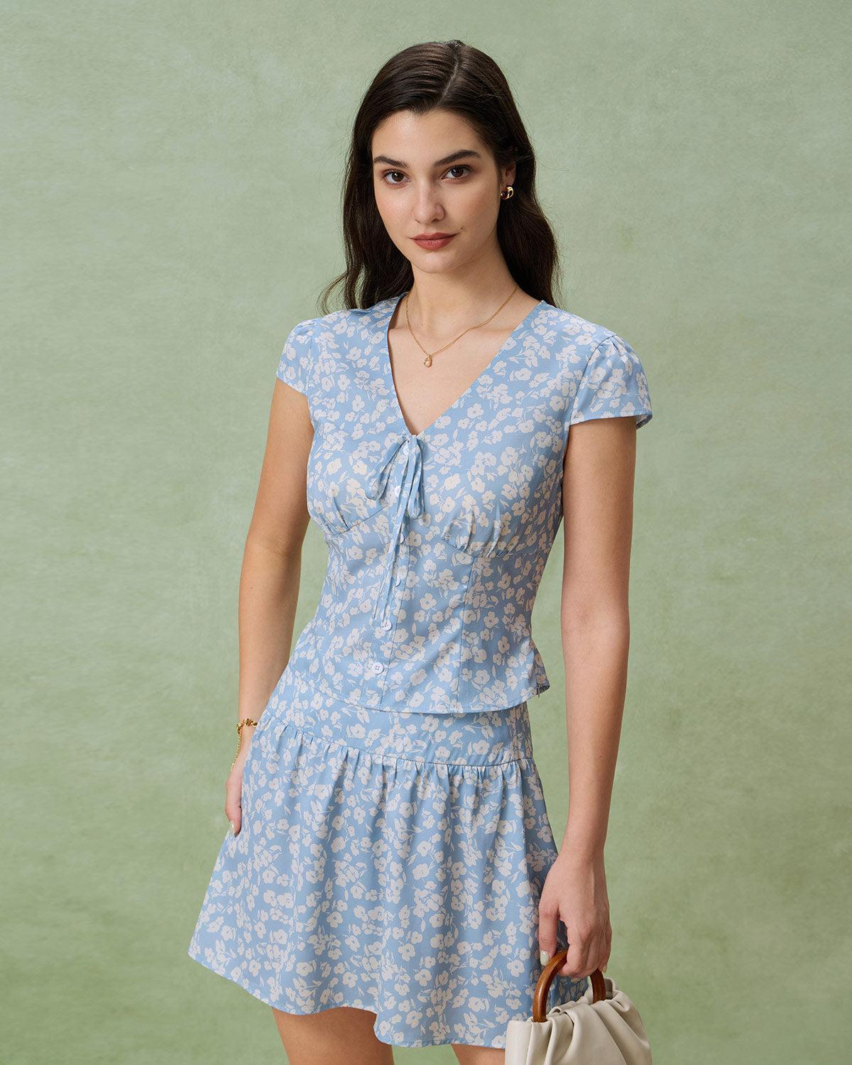 Blue Floral V-Neck Blouse Product Image