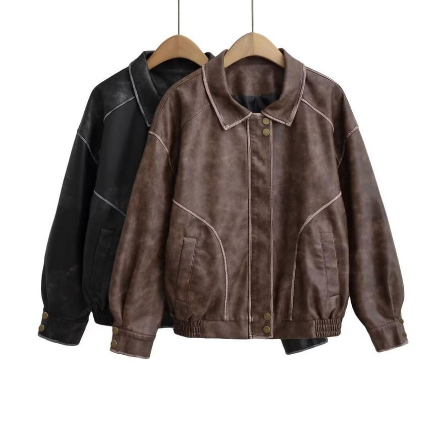 Washed Faux Leather Zip Jacket Product Image