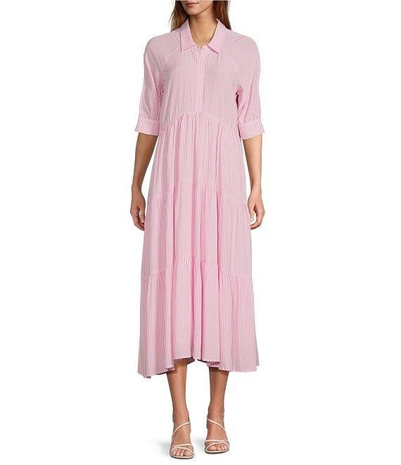 A Loves A Pinstripe Print Button Point Collar 3/4 Blouson Cuff Sleeve Tiered Waistless Midi Shirt Dress Product Image