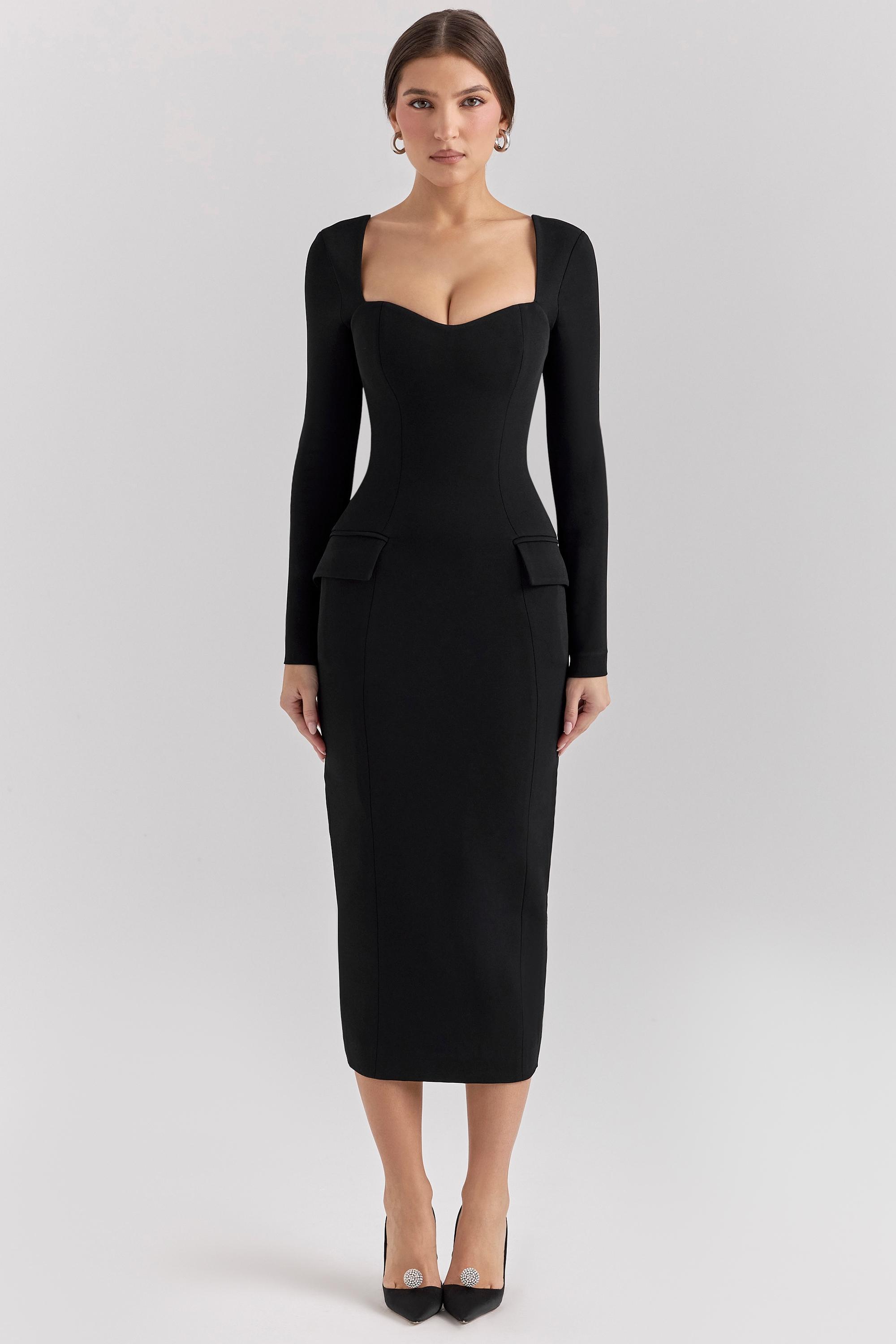 Ella Black Stretch Crepe Long Sleeve Midi Dress Product Image