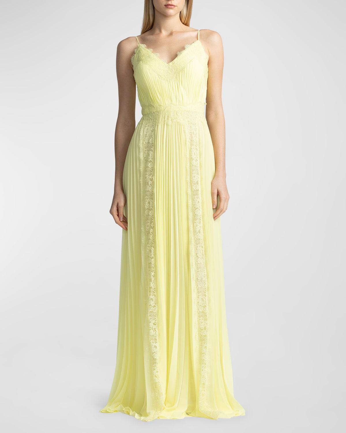 Womens Lace-Trimmed Pleated Chiffon Gown Product Image