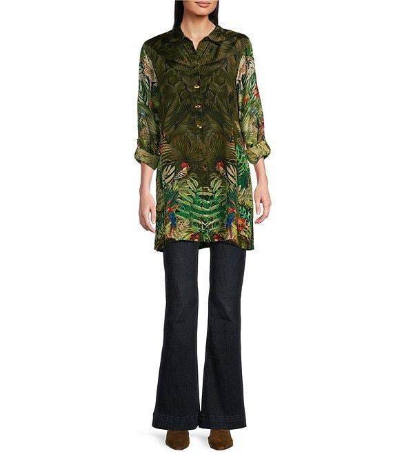John Mark Tropical Print Collared Long Roll-Tab Sleeve Tunic Product Image
