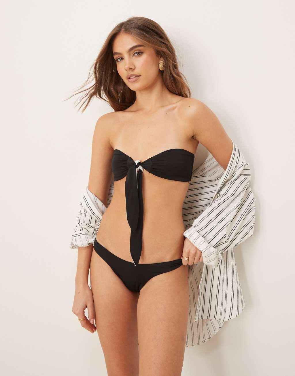 Free Society contrast tie front bandeau bikini top in black and white Product Image