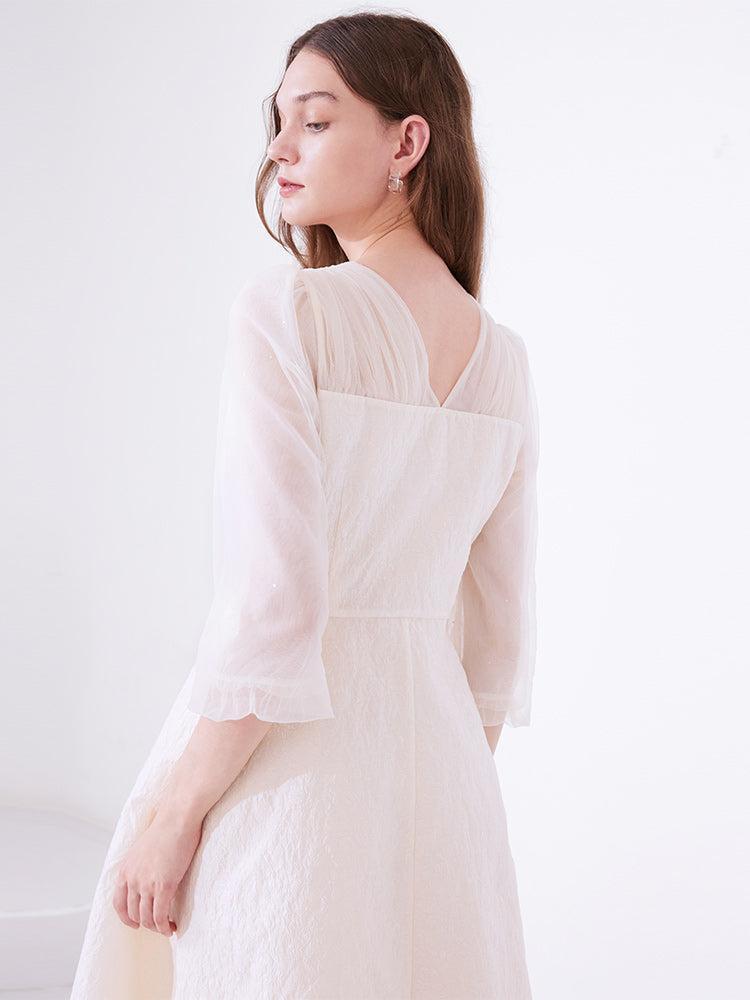 White Mesh Half-Sleeve V-Neck Jacquard Midi Dress Product Image