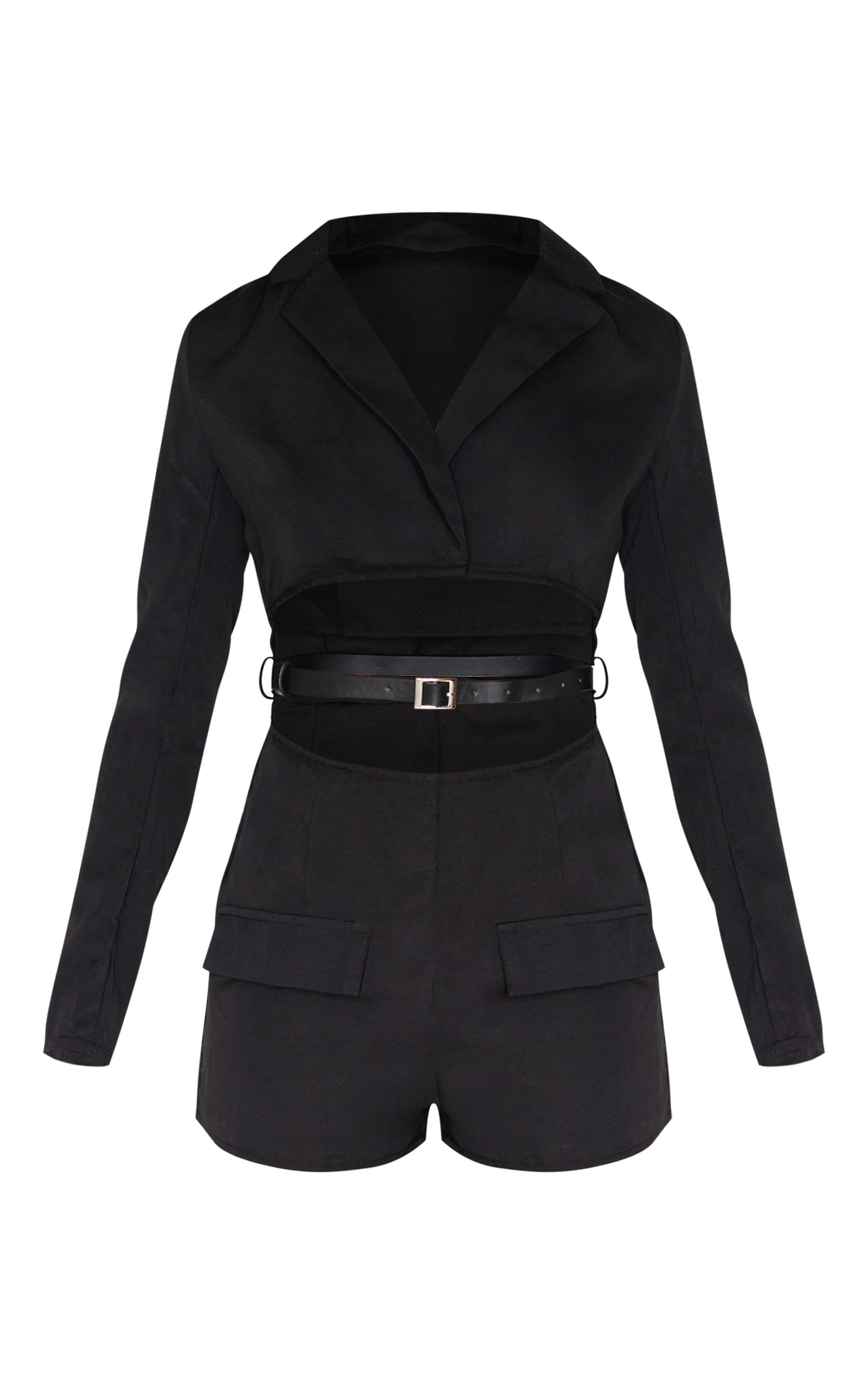 Black Tailored Woven Long Sleeve Romper Product Image