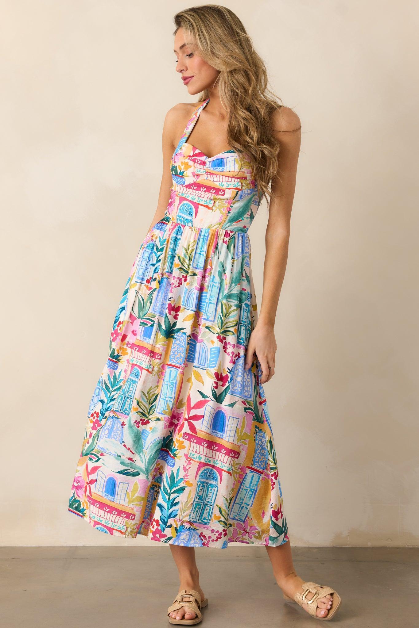 Seaside Brunch Blue Multi Tropical Print Maxi Dress Product Image