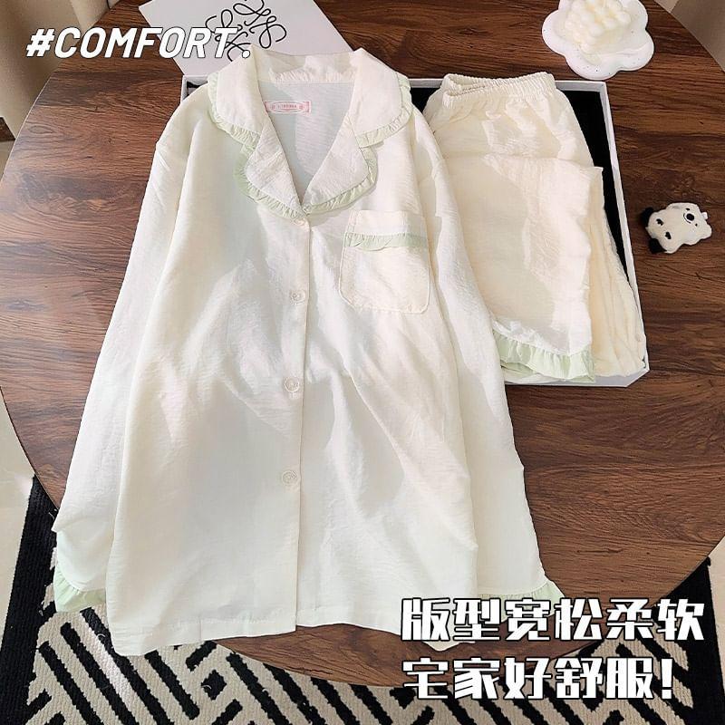 Pajama Set: Long-Sleeve Lapel Collar Contrast Frill Trim Button-Up Top + Pants Product Image