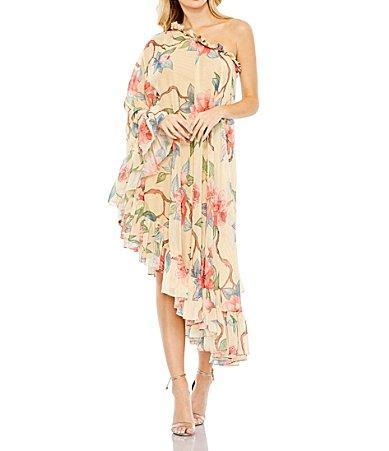 Mac Duggal One Shoulder Dress Long Sleeve Ruffled Asymmetrical Hemline Cape Back Dress Product Image