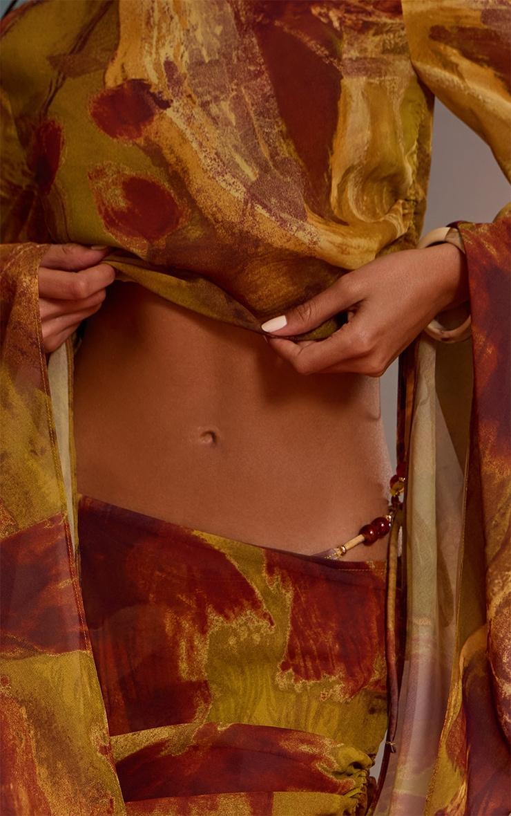  Green Abstract Print Bead Trim Chiffon Beach Top Product Image