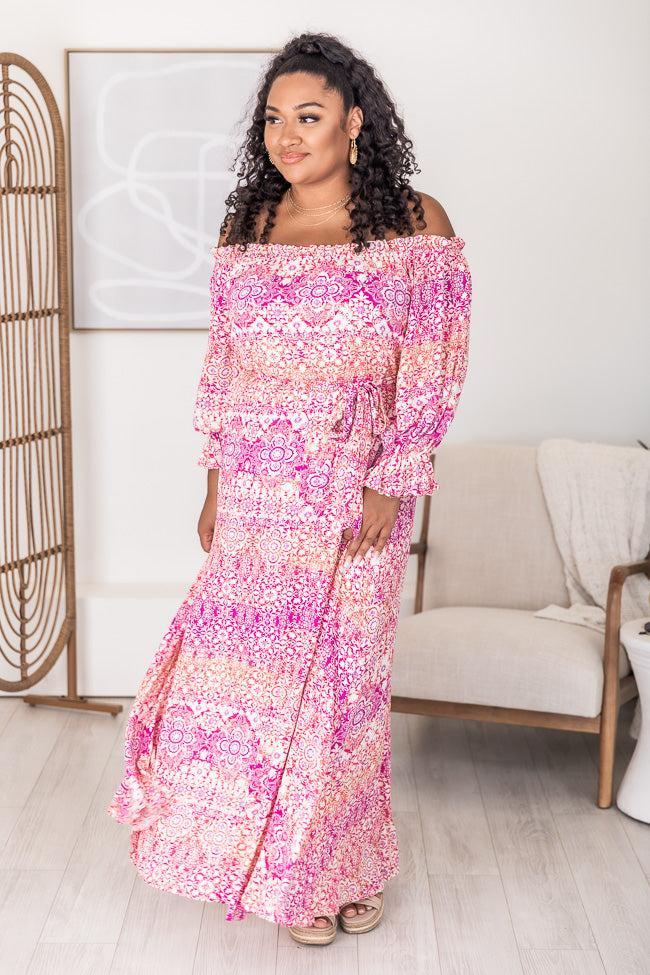 Dynamic Love Pink Printed Off The Shoulder Maxi Dress FINAL SALE Product Image