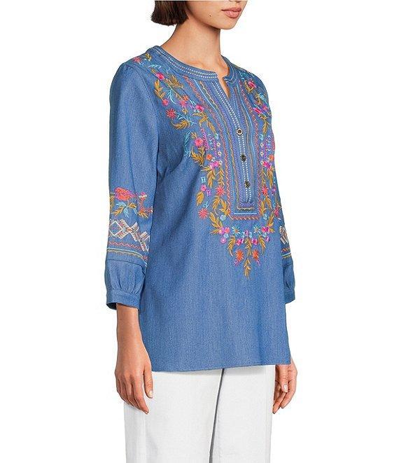 Calessa Embroidered Patchwork Split V-Neck 3/4 Sleeve Tunic Product Image