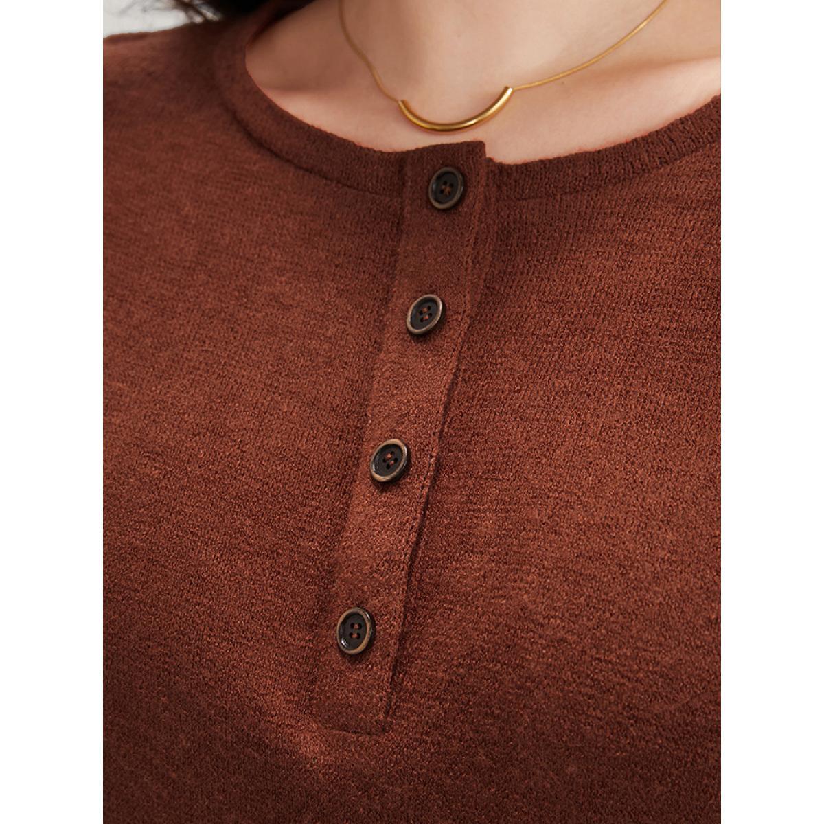 Plus Size Solid Button Up Round Neck Sweatshirt Women Rust Elegant Button Round Neck Dailywear Sweatshirts BloomChic 12/L Product Image