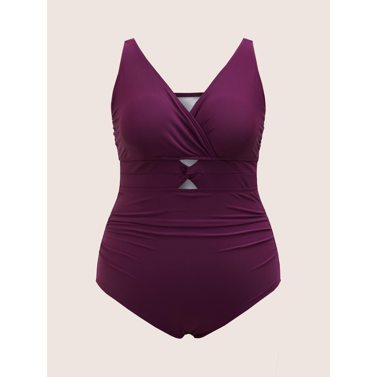 Plus Size Overlap Collar Solid Twist Front One Piece Swimsuit Women's Swimwear Deeppurplered Beach Twist Curve Bathing Suits High stretch One Pieces BloomChic 18-20/2X Product Image