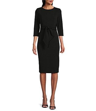 Adrianna Papell Plus Size Crepe Knit Tie Waist 34 Sleeve Round Neck Sheath Dress Product Image