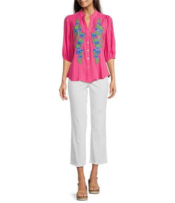 Calessa Petite Size Embroidered Split V-Neck 3/4 Sleeve Shirttail Hem Button Front Tunic Product Image