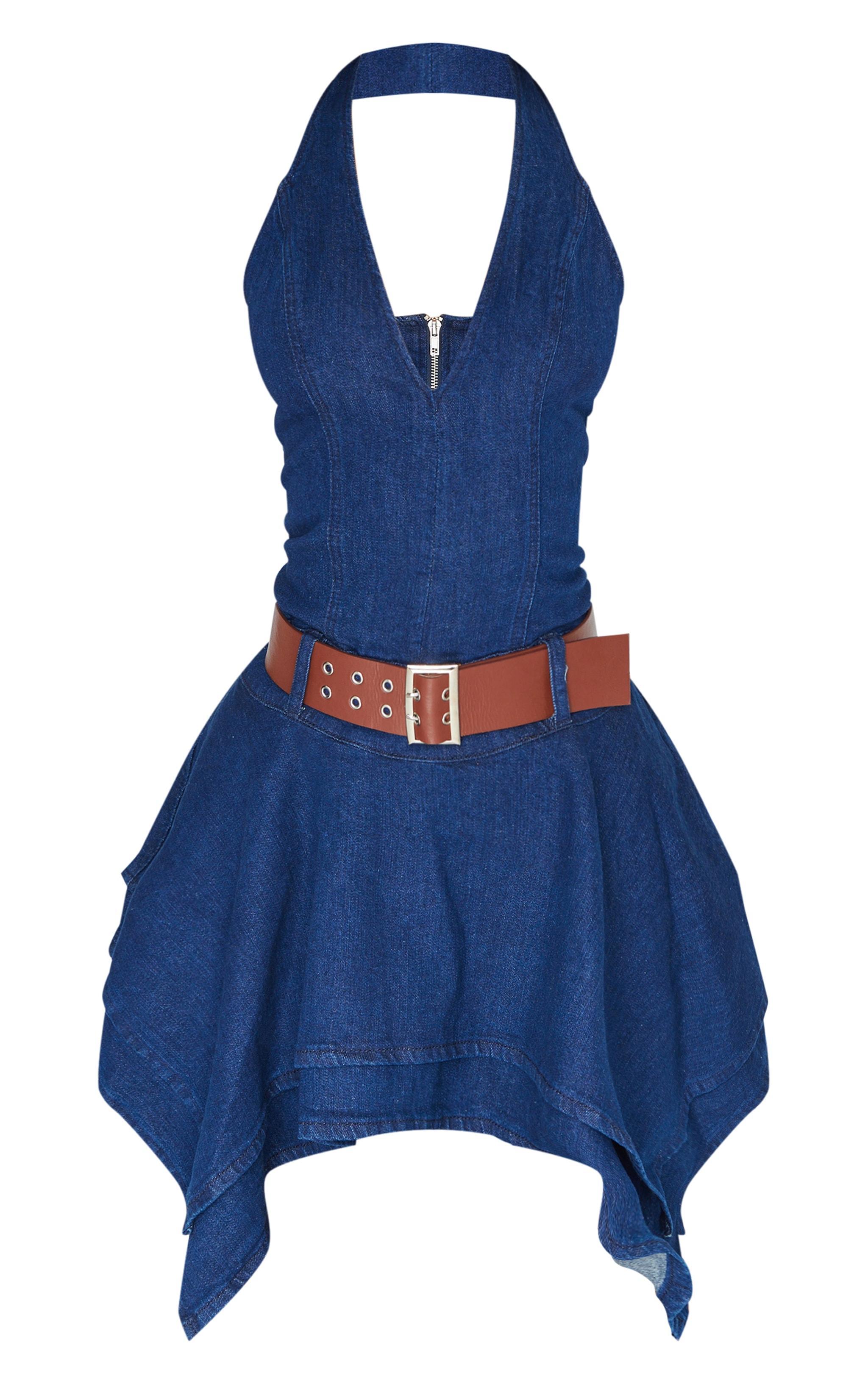 Petite Dark Blue Denim Halterneck Fitted Mini Dress Product Image