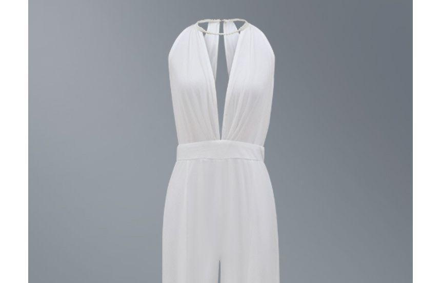 Halter Neck Plain Keyhole Faux Pearl Embroidered Wide Leg Cocktail Jumpsuit Product Image