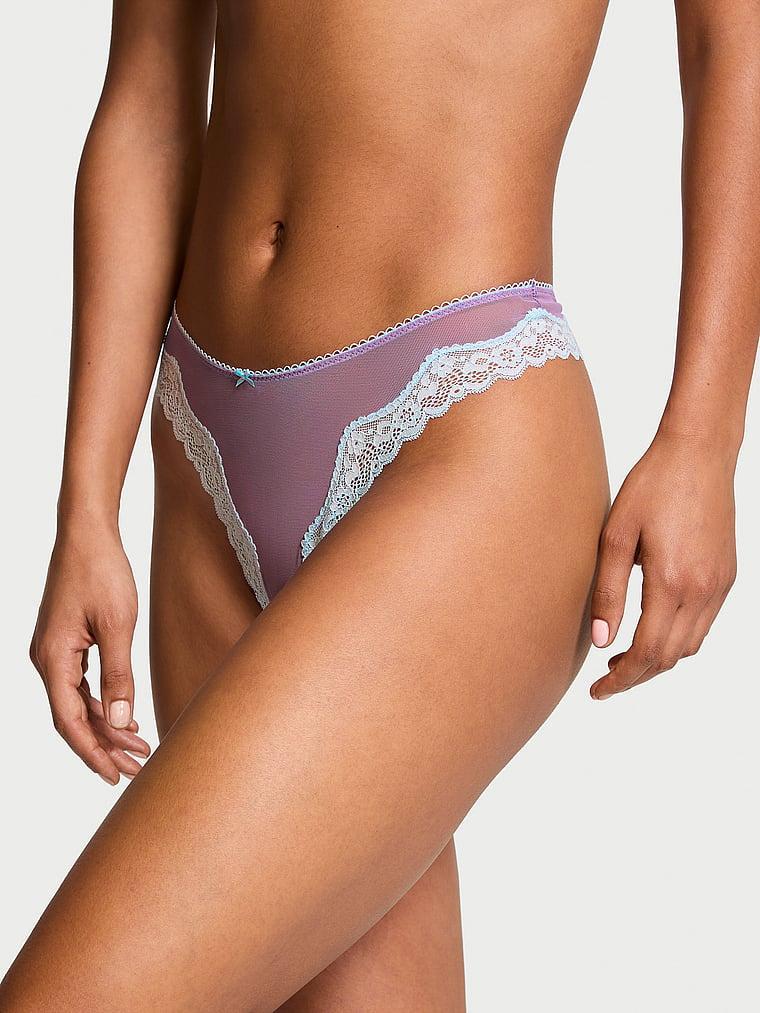 Tease Mesh Lace-Trim High-Leg Thong Panty Product Image