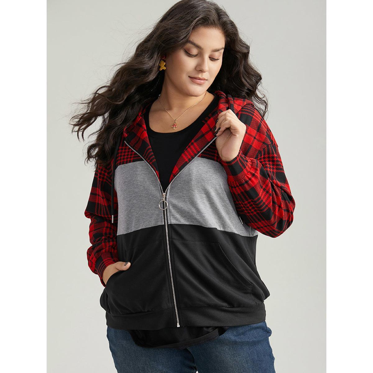 Plus Size Plaid Contrast Patchwork Drawstring Zipper Jacket Women Raspberry Contrast Pocket Dailywear Jackets BloomChic 12/L Product Image