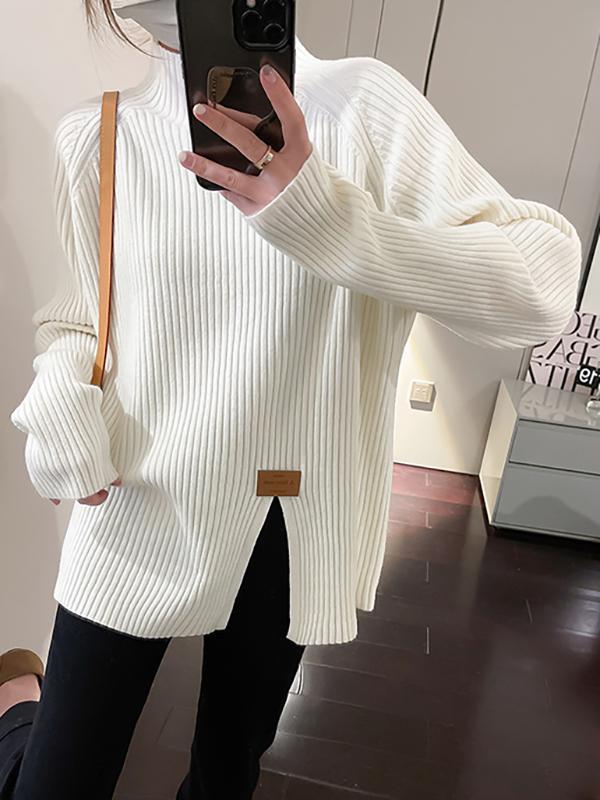Long Sleeves Loose Split-Front Mock Neck Pullovers Sweater Tops Product Image
